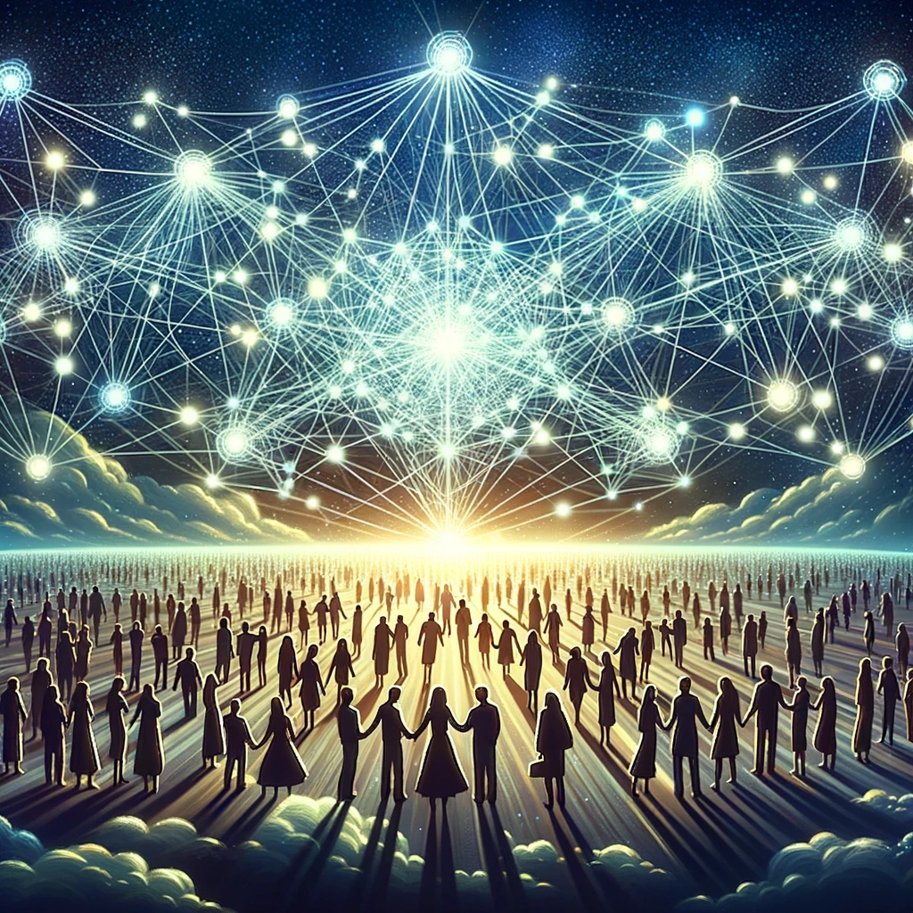 Illustration symbolique d'un réseau de lumières interconnectées au-dessus d'une foule de personnes se tenant la main, représentant le partage du savoir et la connexion entre les individus.